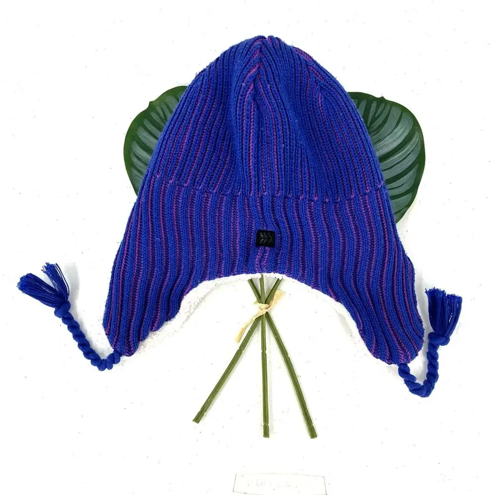 All In Motion Blue Purple Stripe Knit Faux Sherpa Trapper Ear Beanie Youth Hat